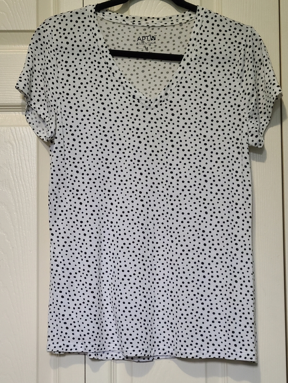 Apt. 9 White V-Neck Short Sleeve Black Polka Dot Rayon Blend Top Size Medium